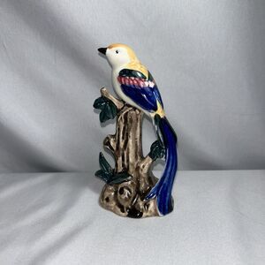 Glossy Bird On Bamboo Figurine Bright Glaze 4.75 inch Made in Japan Crazing